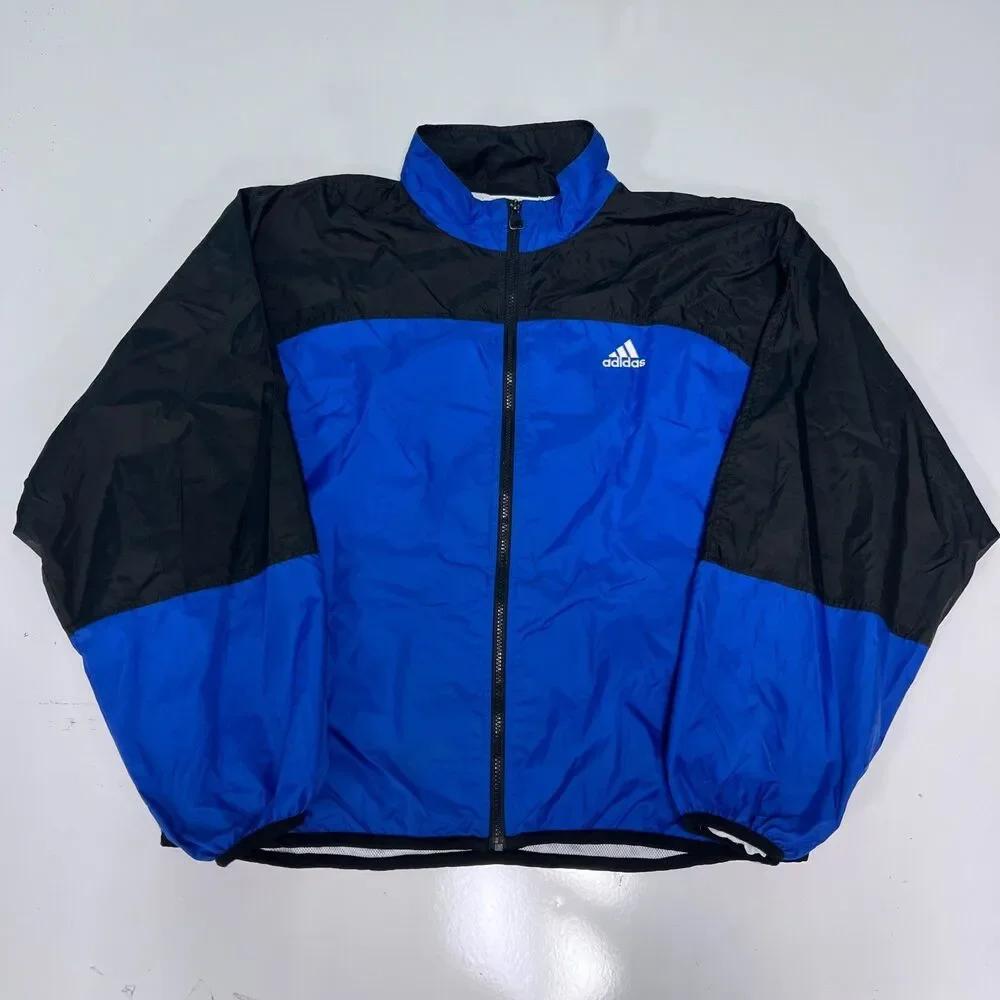 Adidas Jacket Mens L Blue Black Windbreaker Track Full Zip Nylon Vintage Y2K